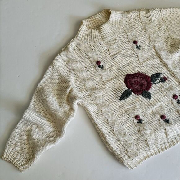 Vintage Shenanigans Rose Cable Knit Sweater Hand Knit Cottagecore Cream Womens M - Picture 1 of 14